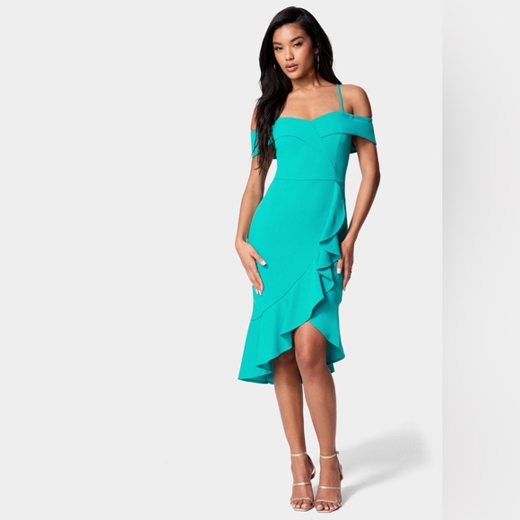 NWT Bebe Women's Cascade Ruffle Flounce AQUA Dress Size 12 - Picture 1 of 10